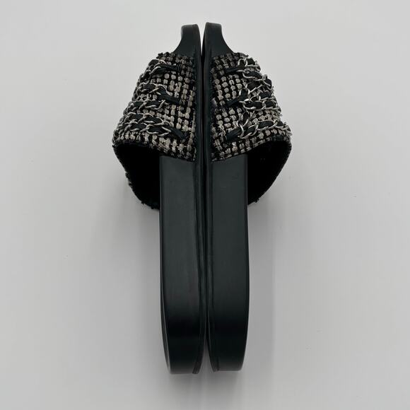 Chanel CC Chain Slide Sandals Flat Canvas Slip On Shoes Black Tweed Size 38 - Picture 12 of 14